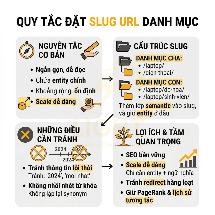 Quy tắc đặt slug URL danh mục chuẩn SEO, cấu trúc slug cha con, lưu ý tránh lỗi thời và nhồi nhét từ khóa
