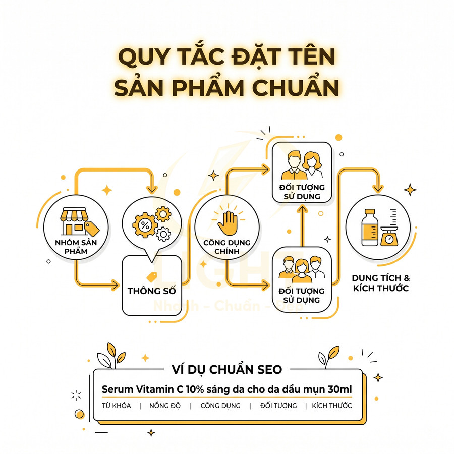 Quy tắc đặt tên sản phẩm chuẩn SEO với ví dụ serum Vitamin C 10 phần trăm sáng da cho da dầu mụn 30ml