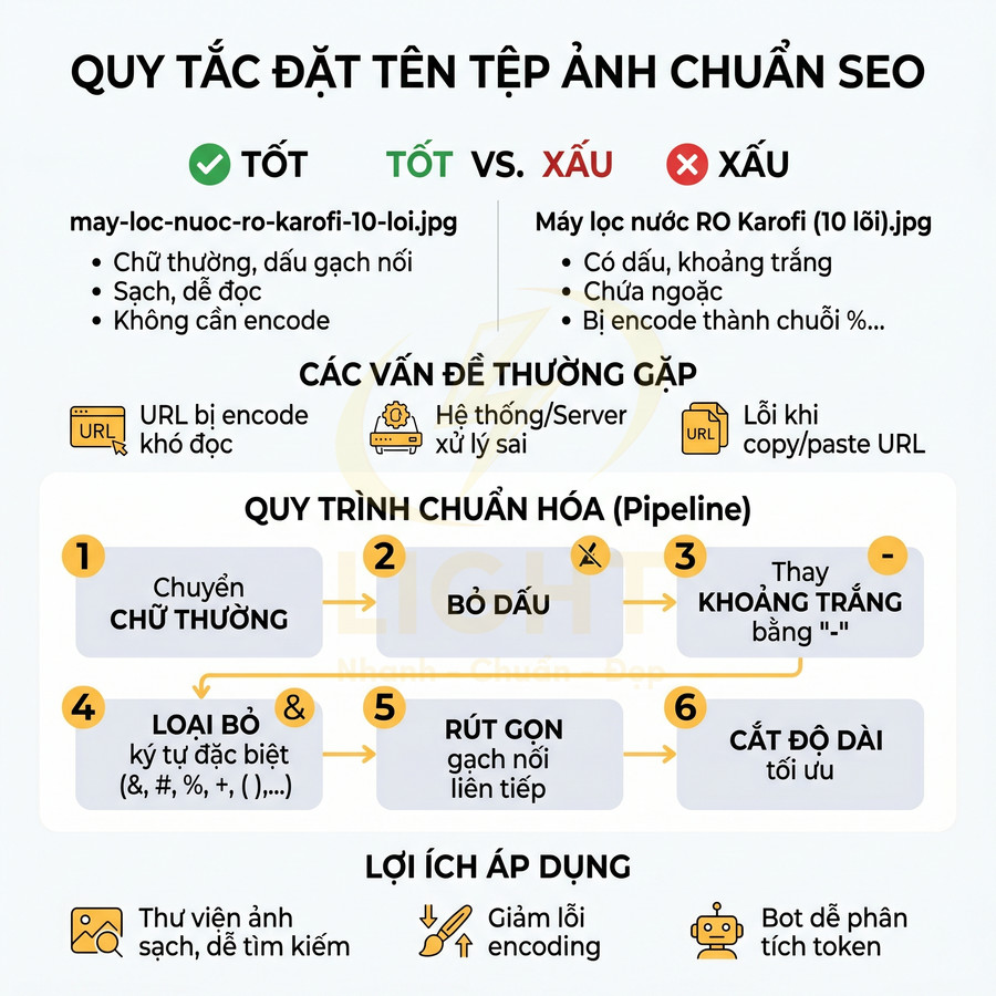 Quy tắc đặt tên tệp ảnh chuẩn SEO với ví dụ may loc nuoc RO Karofi và quy trình chuẩn hóa tên file