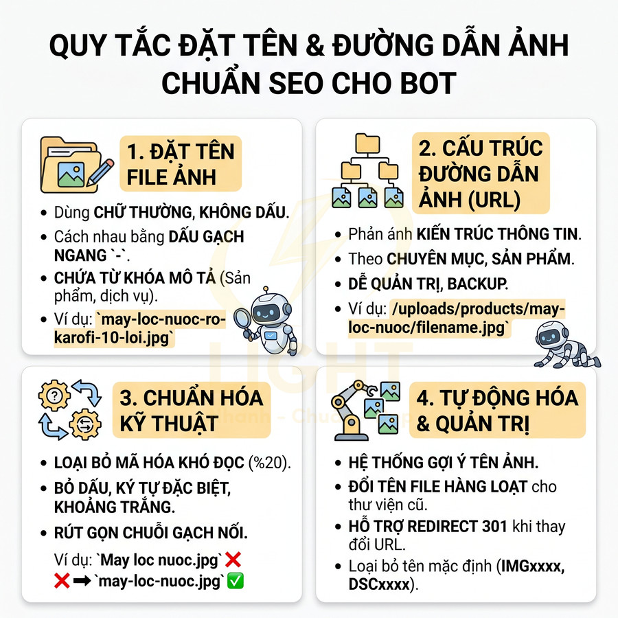 Quy tắc đặt tên file và đường dẫn ảnh chuẩn SEO cho bot với ví dụ minh họa và icon robot