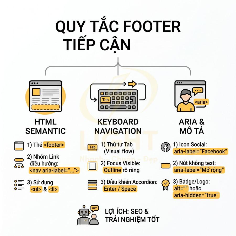 Infographic quy tắc thiết kế footer tiếp cận với HTML semantic, điều hướng bàn phím và ARIA giúp cải thiện SEO