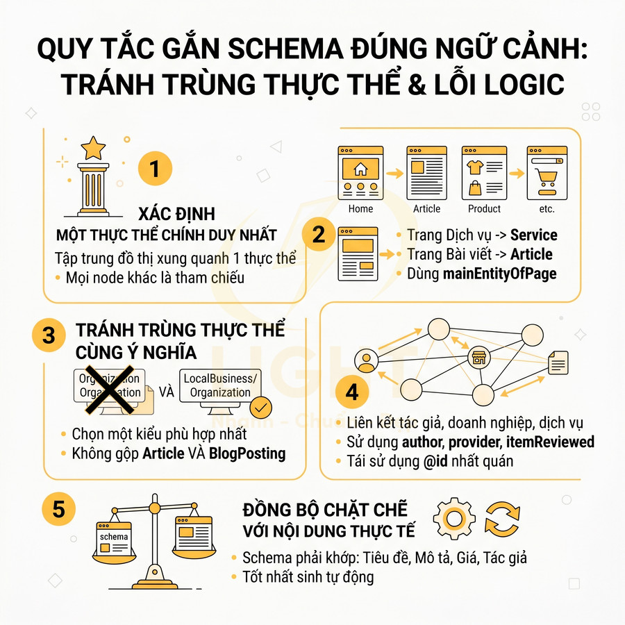 Quy tắc gắn schema đúng ngữ cảnh tránh trùng thực thể và lỗi logic trong SEO schema markup