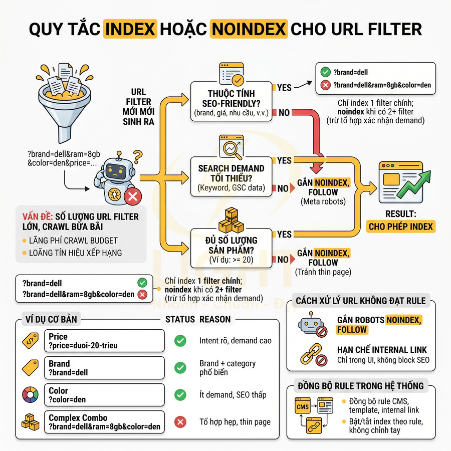 Quy tắc SEO quyết định index hoặc noindex cho URL filter dựa trên thuộc tính, search demand và số lượng sản phẩm