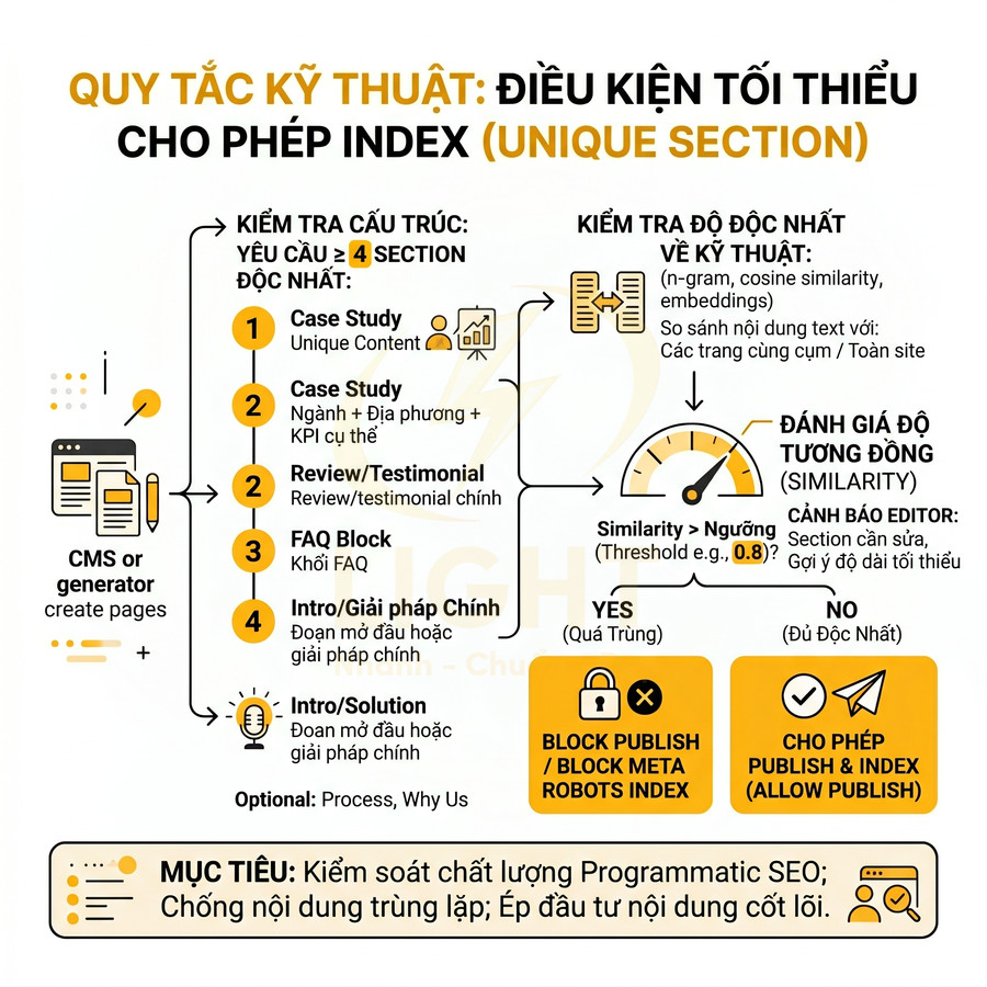 Quy tắc kỹ thuật điều kiện tối thiểu cho phép index unique section trong programmatic SEO bằng sơ đồ minh họa