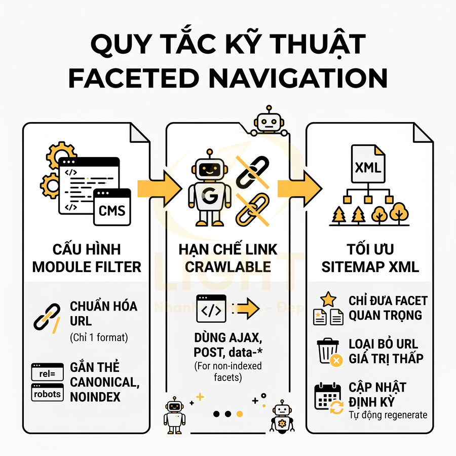 Quy tắc kỹ thuật faceted navigation tối ưu SEO với cấu hình filter, hạn chế link crawlable và tối ưu sitemap XML