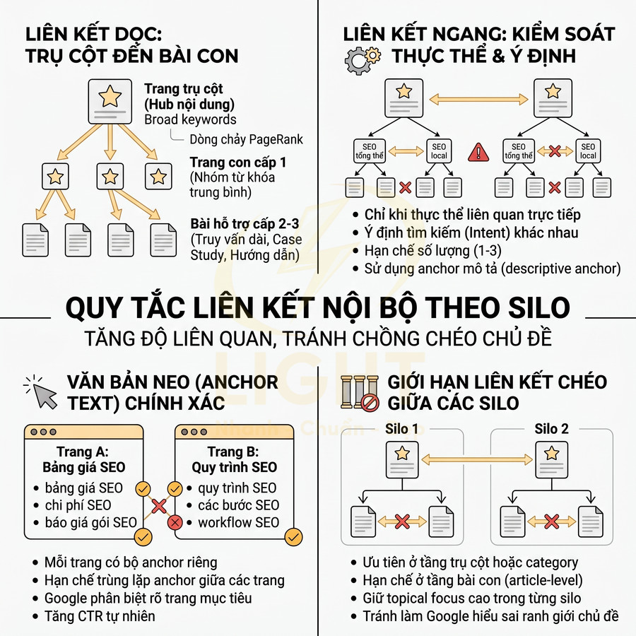 Sơ đồ hướng dẫn chiến lược liên kết nội bộ theo silo với liên kết dọc, ngang và quy tắc anchor text trong SEO