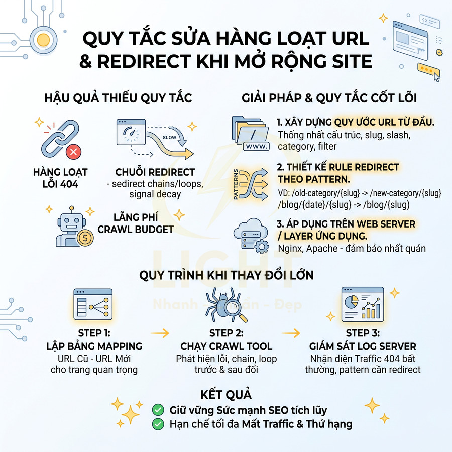 Quy tắc sửa hàng loạt URL và redirect khi mở rộng site, quy trình mapping crawl giám sát log server giữ sức mạnh SEO