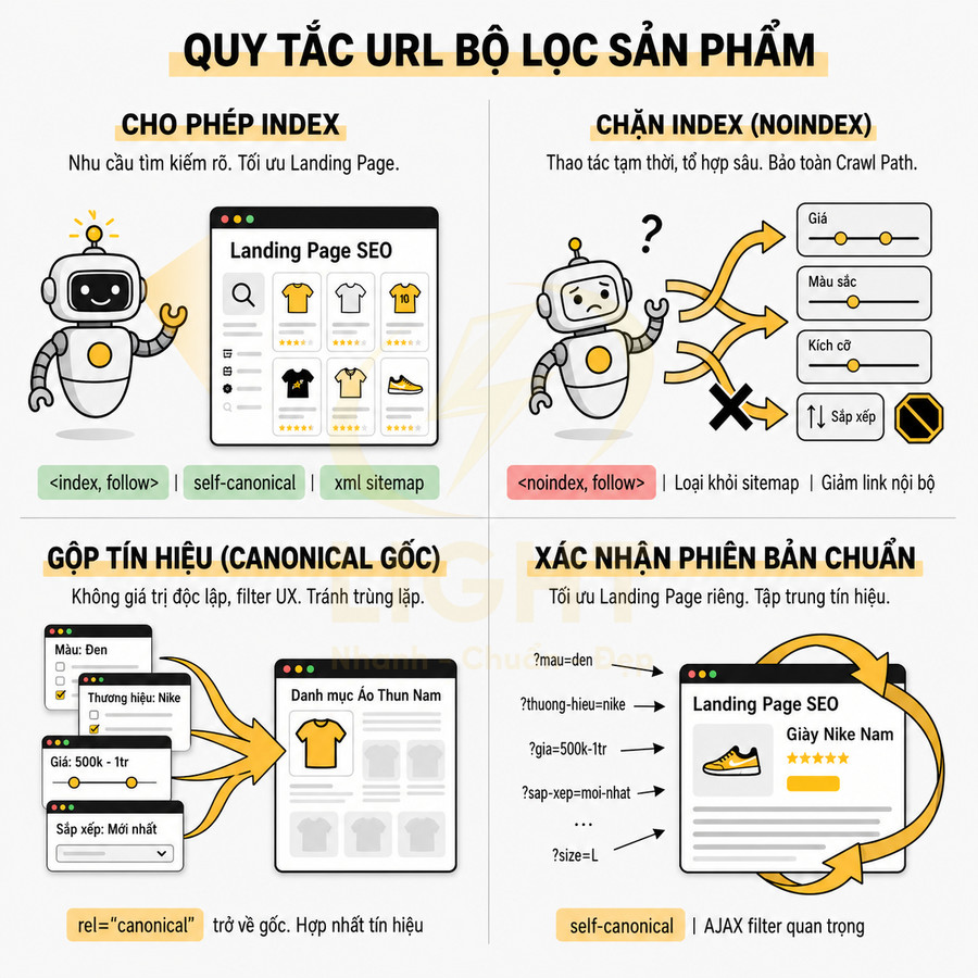 Infographic quy tắc tối ưu URL bộ lọc sản phẩm cho Landing Page SEO với robot minh họa