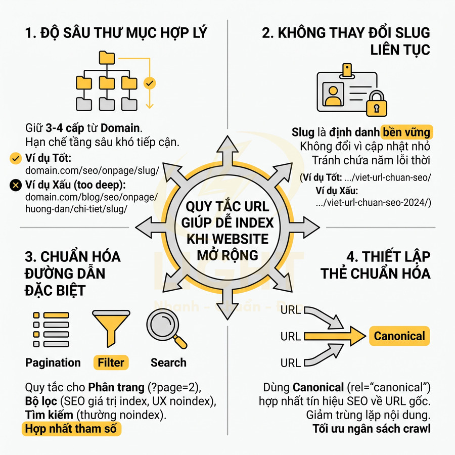 Quy tắc tối ưu URL giúp website dễ index khi mở rộng với độ sâu thư mục, slug, tham số và thẻ canonical
