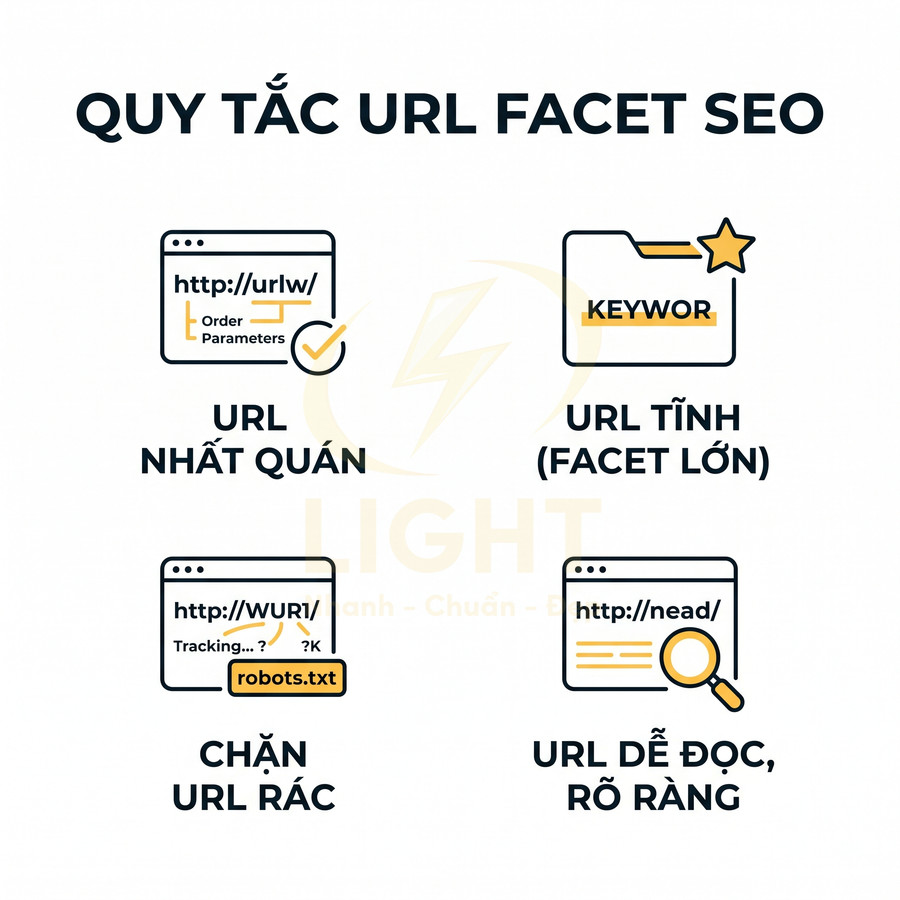 Quy tắc tối ưu URL facet SEO với URL nhất quán, URL tĩnh, chặn URL rác và tạo URL dễ đọc