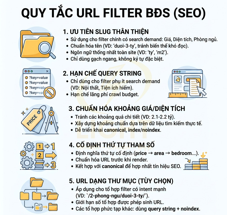 Quy tắc tối ưu URL filter bất động sản cho SEO với 5 bước chuẩn hóa slug, query string và cấu trúc thư mục