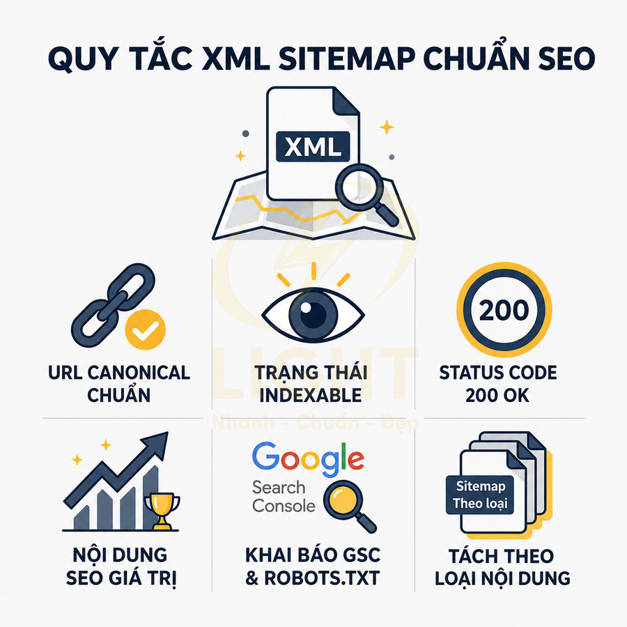 Quy tắc tạo XML sitemap chuẩn SEO với URL canonical, nội dung giá trị, indexable, status code 200 và khai báo GSC