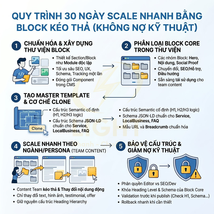 Quy trình 30 ngày scale nhanh nội dung website bằng block kéo thả, tối ưu SEO và giảm nợ kỹ thuật