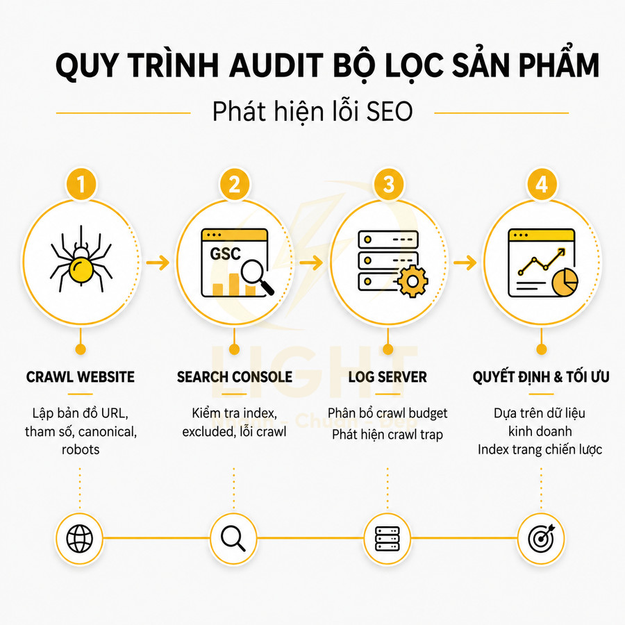 Quy trình audit bộ lọc sản phẩm phát hiện lỗi SEO gồm crawl website, search console, log server và tối ưu quyết định