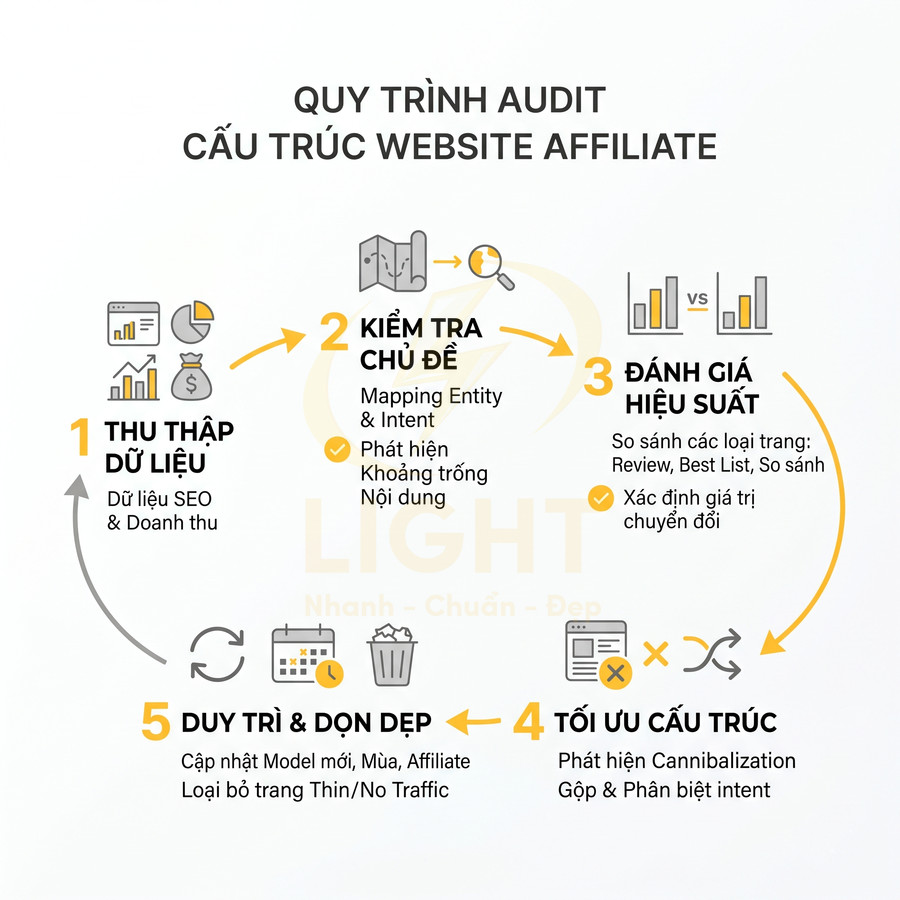 Quy trình 5 bước audit cấu trúc website affiliate từ thu thập dữ liệu đến tối ưu và duy trì nội dung