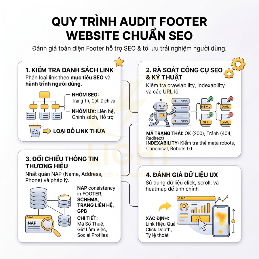 Quy trình audit footer website chuẩn SEO với 4 bước kiểm tra link, công cụ kỹ thuật, thông tin thương hiệu và dữ liệu UX