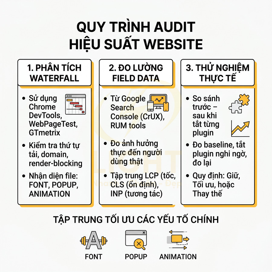 Quy trình audit hiệu suất website với ba bước phân tích waterfall, đo lường field data và thử nghiệm thực tế