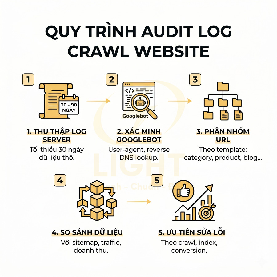 Quy trình audit log crawl website với 5 bước thu thập log, xác minh Googlebot, phân nhóm URL, so sánh dữ liệu, ưu tiên sửa lỗi