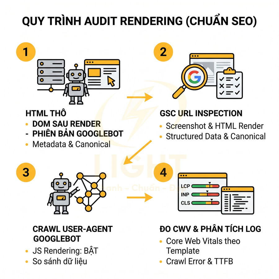 Quy trình audit rendering chuẩn SEO với 4 bước từ HTML thô, GSC URL Inspection đến đo Core Web Vitals