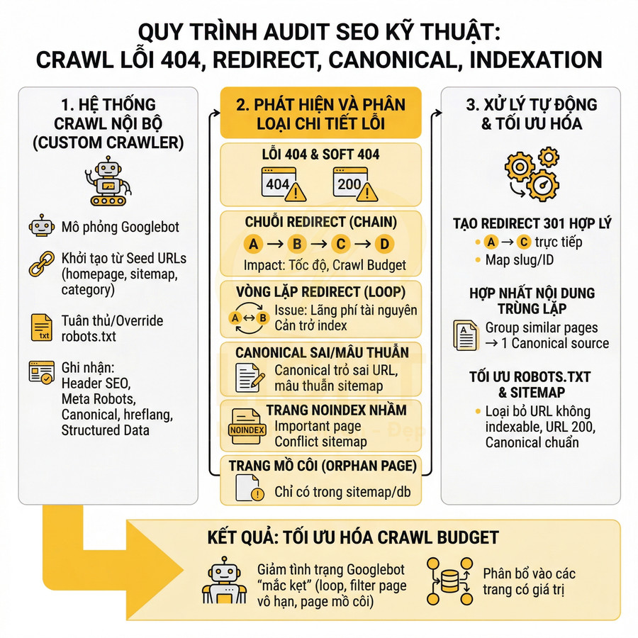 Quy trình audit SEO kỹ thuật xử lý lỗi 404 redirect canonical indexation để tối ưu hóa crawl budget