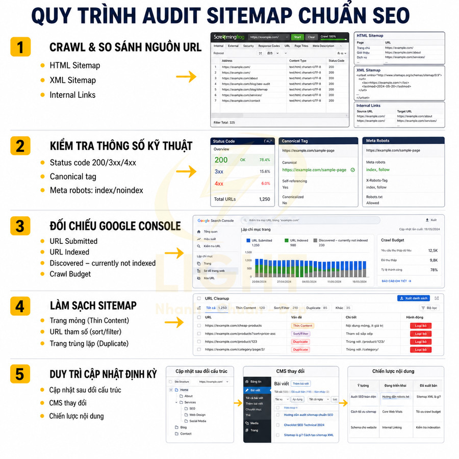 Quy trình audit sitemap chuẩn SEO với các bước crawl URL, kiểm tra kỹ thuật, đối chiếu Google Search Console, làm sạch và cập nhật sitemap