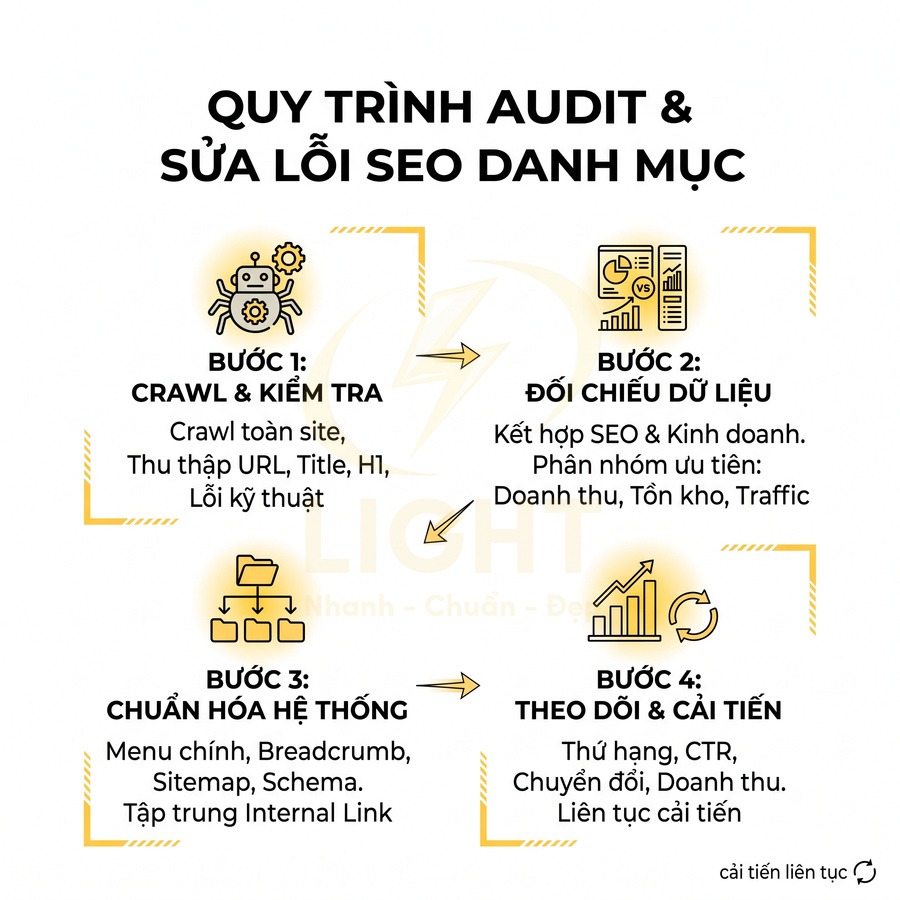Quy trình audit và sửa lỗi SEO danh mục với 4 bước crawl kiểm tra đối chiếu dữ liệu chuẩn hóa hệ thống theo dõi cải tiến