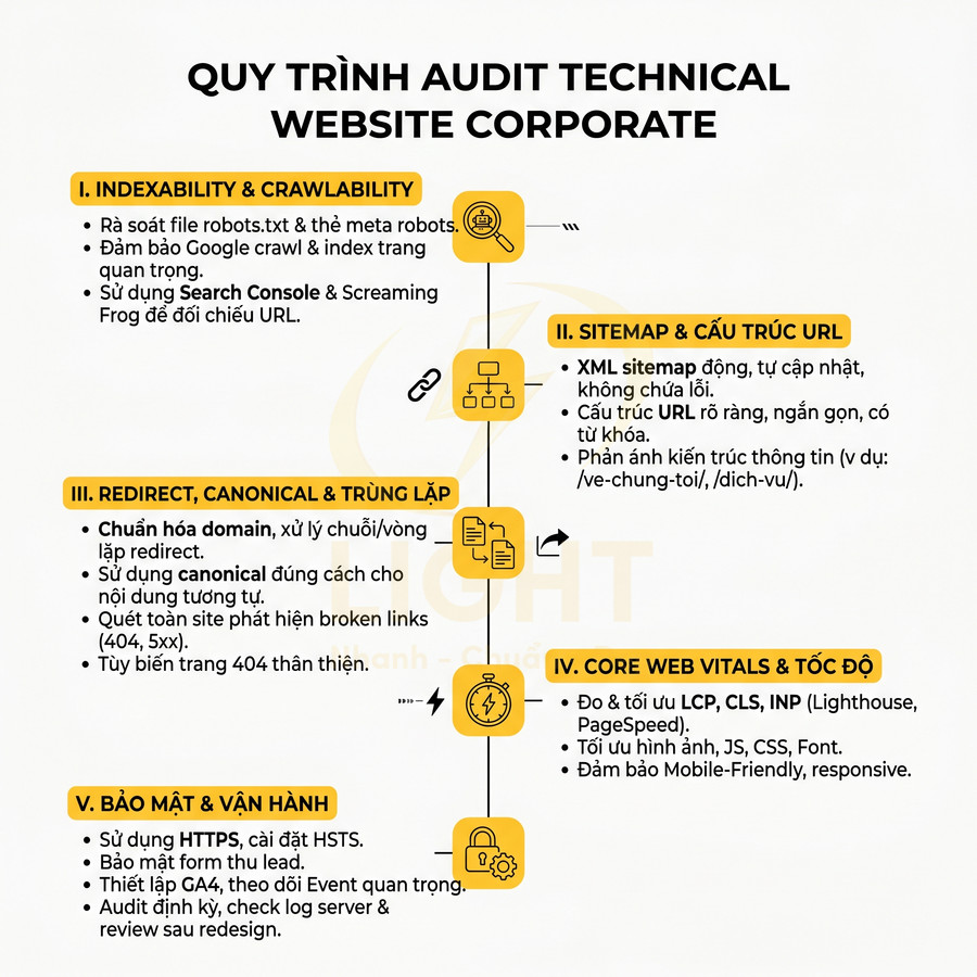 Quy trình audit technical website corporate với 5 bước tối ưu SEO, tốc độ, bảo mật và vận hành site