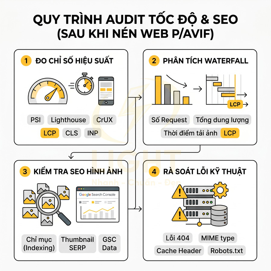 Quy trình audit tốc độ và SEO website sau khi nén ảnh P AVIF với 4 bước chi tiết