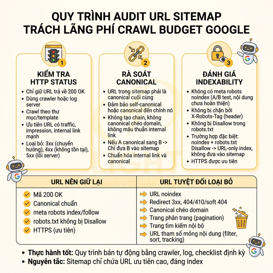Quy trình audit URL sitemap tối ưu crawl budget Google với các bước kiểm tra HTTP, canonical và indexability