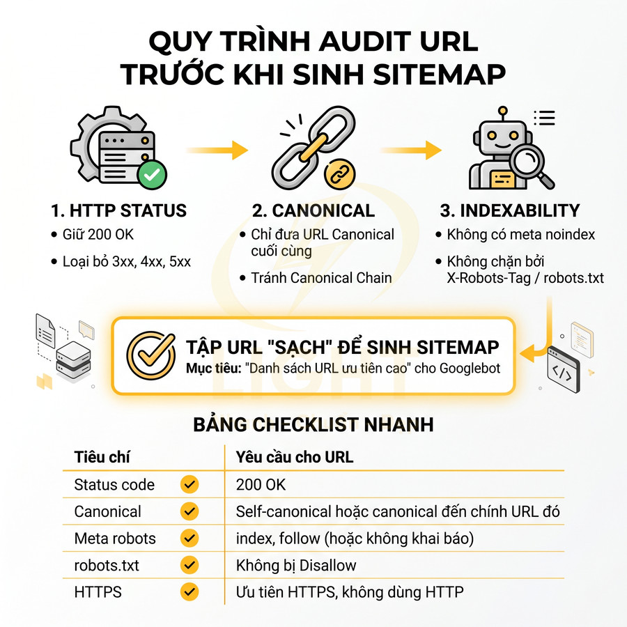 Quy trình audit URL trước khi tạo sitemap với checklist kiểm tra HTTP status, canonical và indexability