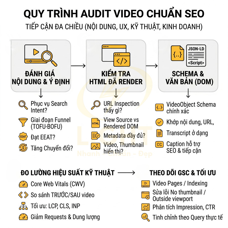 Quy trình audit video chuẩn SEO với các bước đánh giá nội dung, kiểm tra HTML, schema và đo lường hiệu suất