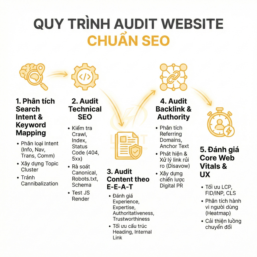 Quy trình audit website chuẩn SEO với 5 bước phân tích kỹ thuật, nội dung, backlink và trải nghiệm người dùng