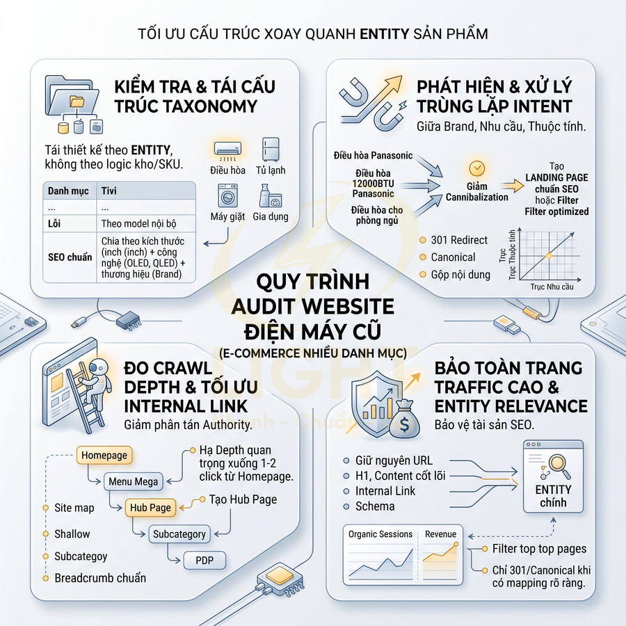 Infographic quy trình audit website điện máy cũ tối ưu cấu trúc entity sản phẩm và internal link chuẩn SEO