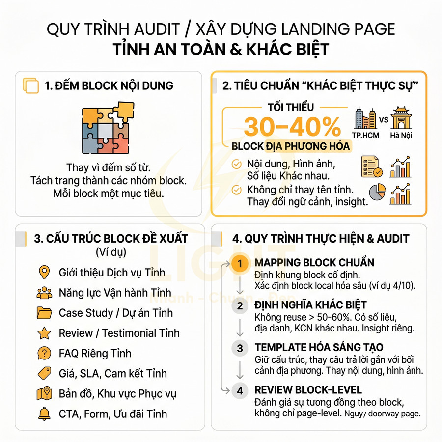 Quy trình audit và xây dựng landing page với các bước đếm block nội dung, tiêu chuẩn khác biệt, cấu trúc block, thực hiện audit