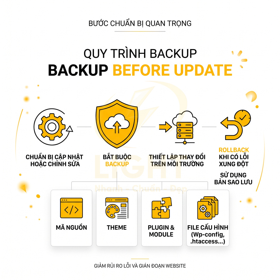 Quy trình backup website trước khi update gồm chuẩn bị, sao lưu, triển khai thay đổi và rollback khi có lỗi