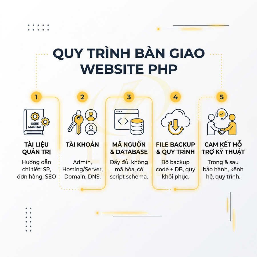 Quy trình bàn giao website PHP với tài liệu quản trị, tài khoản, mã nguồn database, file backup và hỗ trợ kỹ thuật