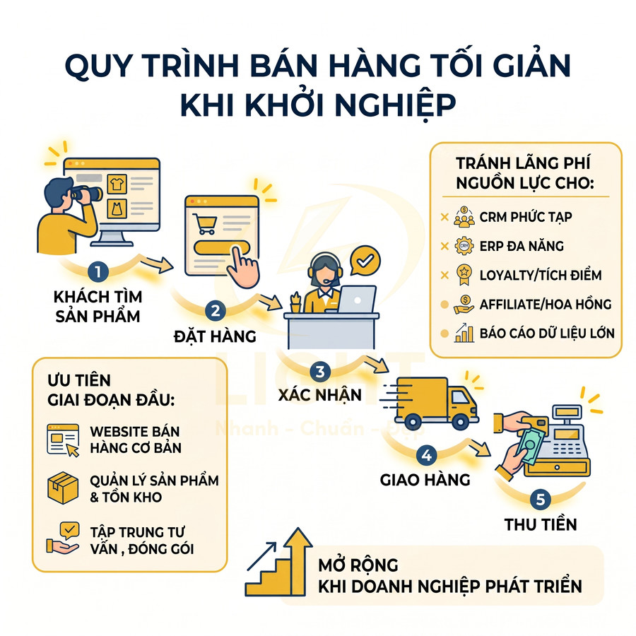 Quy trình bán hàng tối giản cho startup từ khách tìm sản phẩm, đặt hàng, xác nhận, giao hàng đến thu tiền