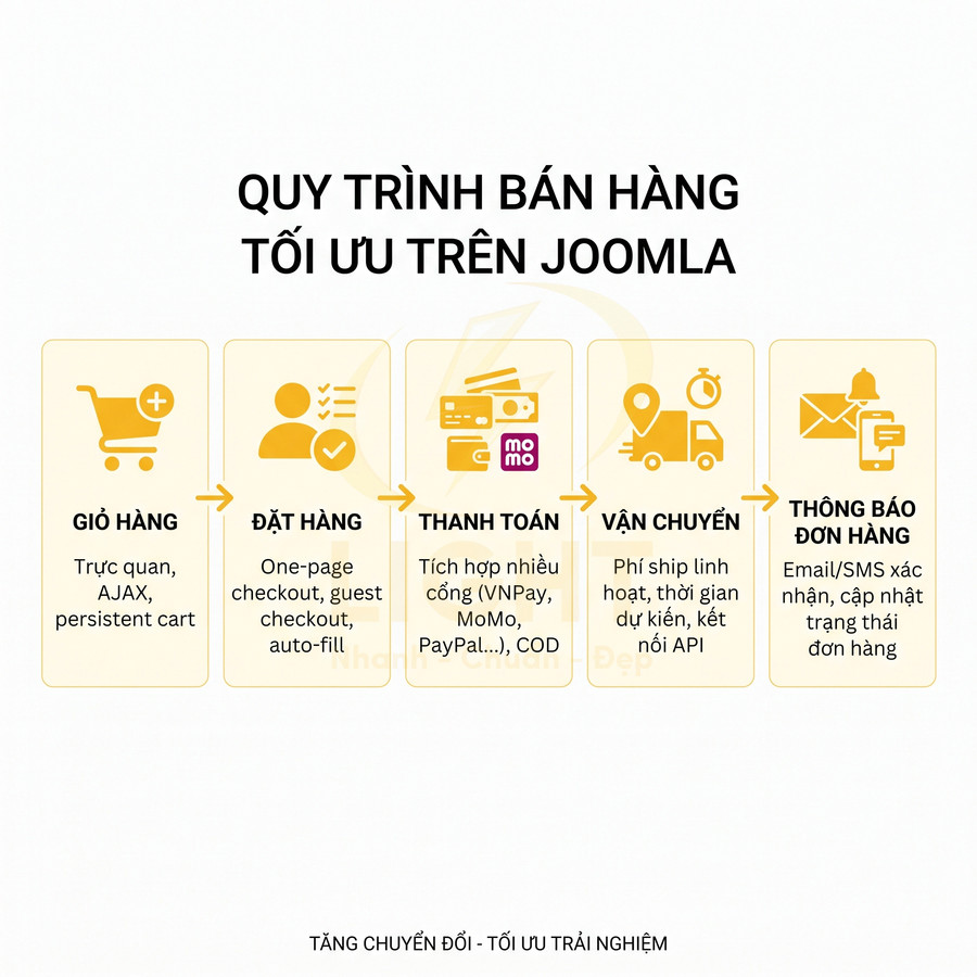 Quy trình bán hàng tối ưu trên Joomla với các bước giỏ hàng, đặt hàng, thanh toán, vận chuyển và thông báo đơn hàng