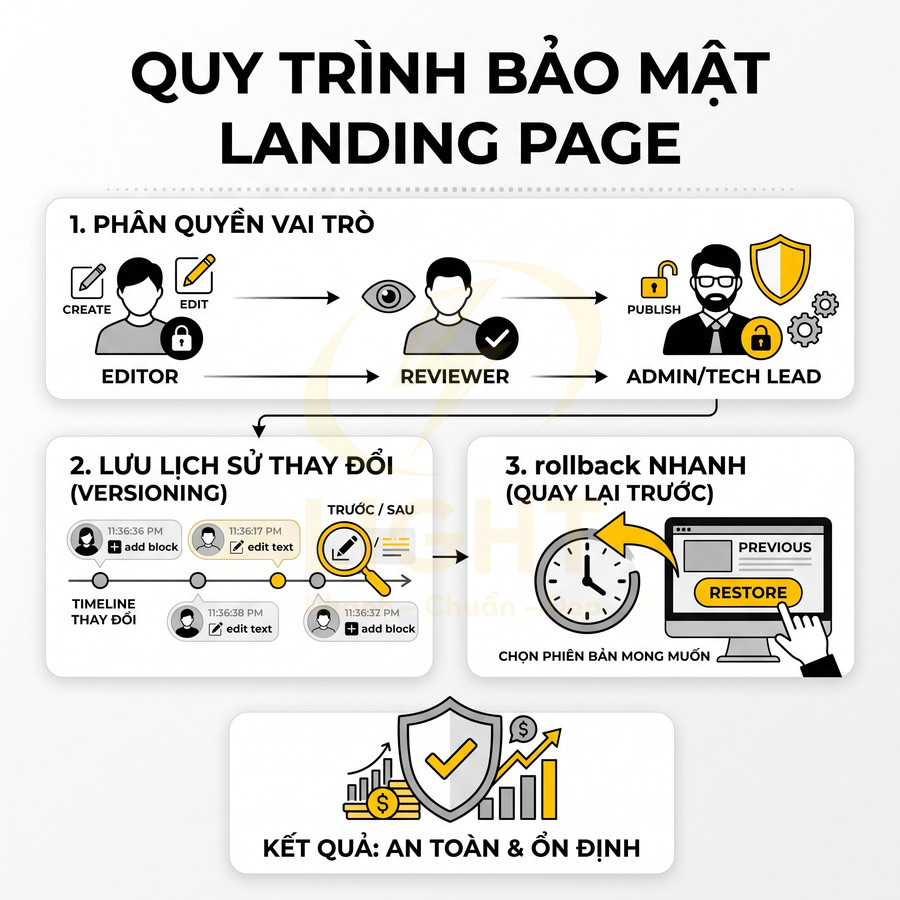 Quy trình bảo mật landing page với phân quyền vai trò, lưu lịch sử thay đổi và khôi phục phiên bản nhanh