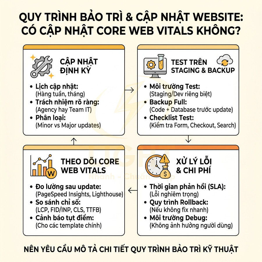 Quy trình bảo trì và cập nhật website kèm theo theo dõi Core Web Vitals và xử lý lỗi chi tiết