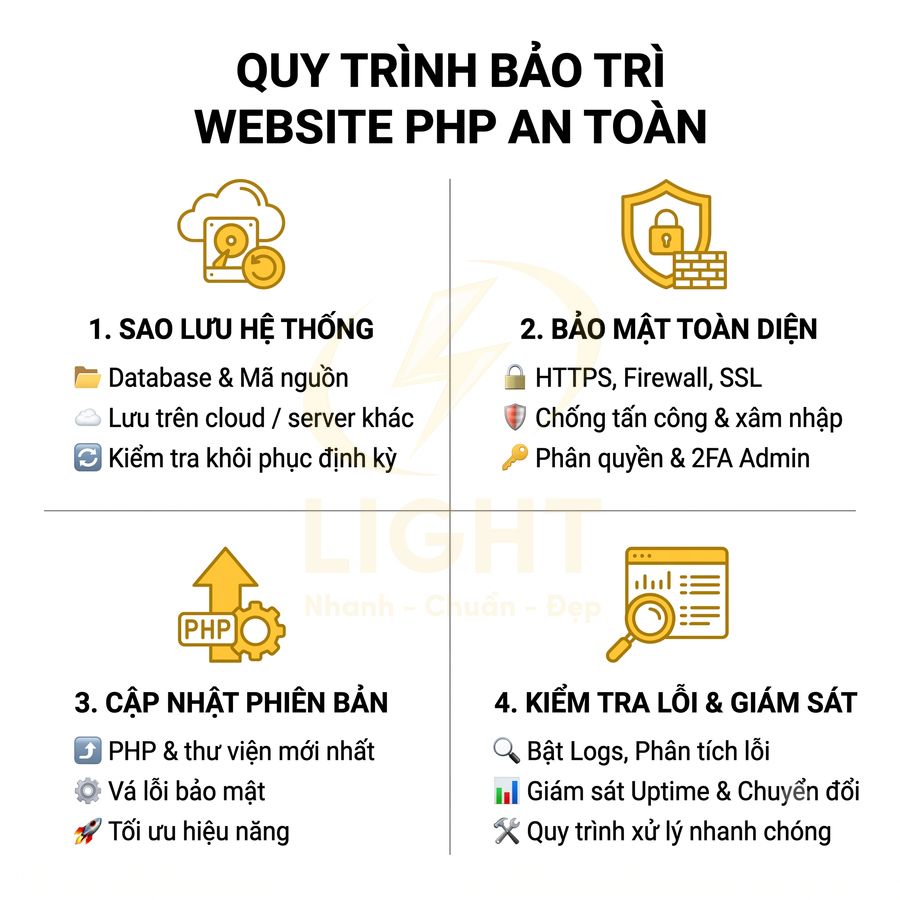 Quy trình bảo trì website PHP an toàn với sao lưu hệ thống, bảo mật toàn diện, cập nhật phiên bản và kiểm tra giám sát