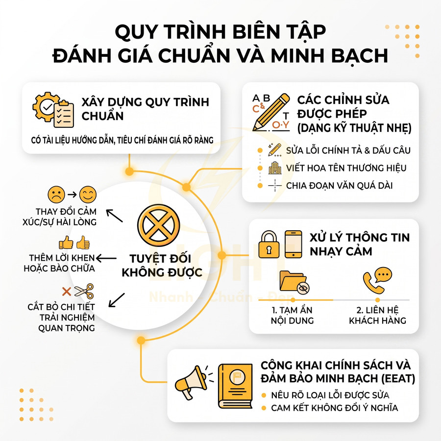 Quy trình biên tập đánh giá chuẩn và minh bạch với các bước xử lý nội dung và thông tin nhạy cảm