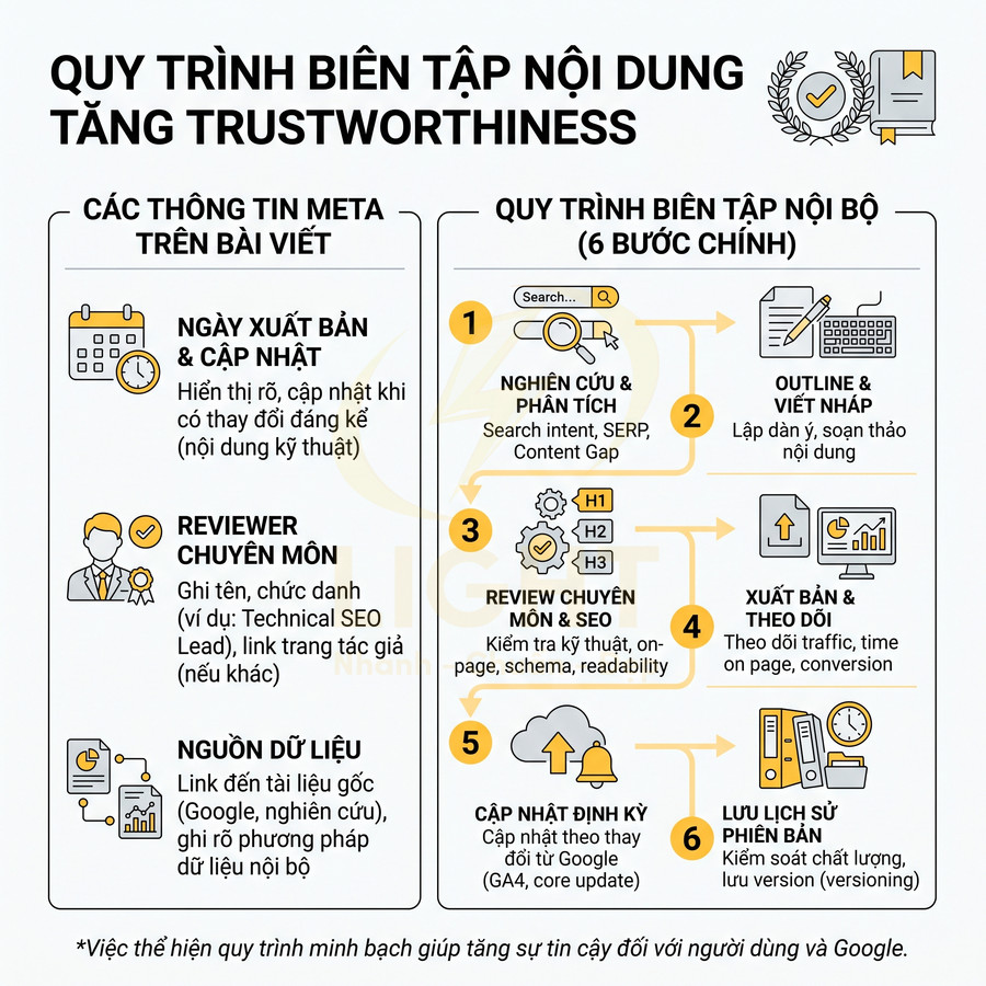 Quy trình biên tập nội dung chuẩn SEO tăng trustworthiness với các bước nghiên cứu, viết, review, xuất bản và cập nhật