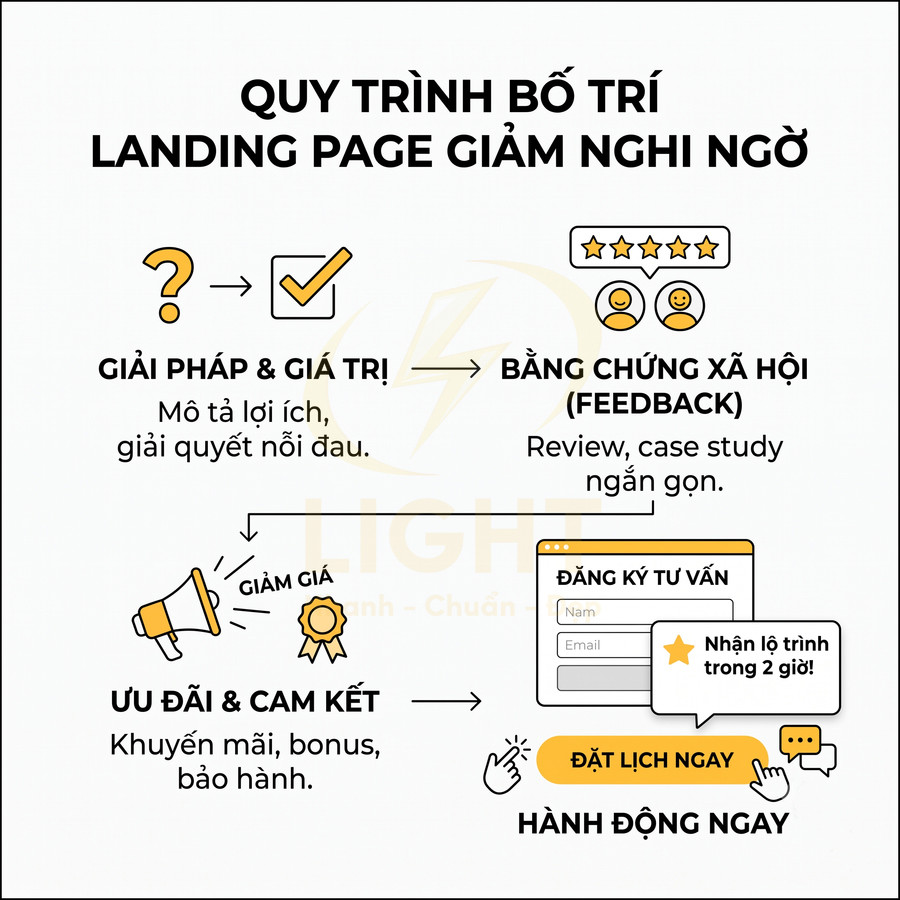 Quy trình bố trí landing page giảm nghi ngờ với giải pháp, bằng chứng xã hội, ưu đãi và nút kêu gọi hành động