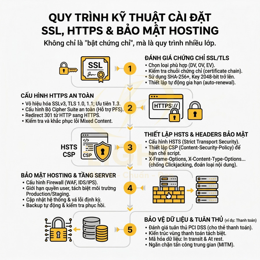Quy trình kỹ thuật cài đặt SSL HTTPS và bảo mật hosting với 5 bước và biểu tượng minh họa