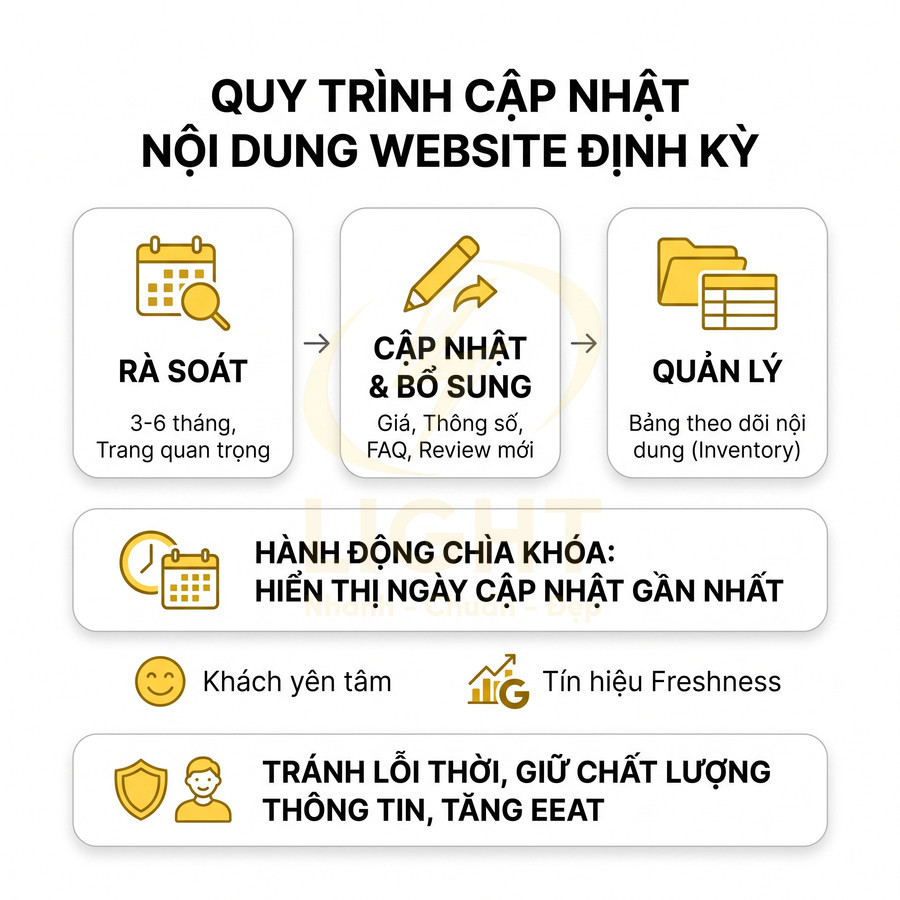 Quy trình cập nhật nội dung website định kỳ với các bước rà soát, cập nhật bổ sung và quản lý nội dung