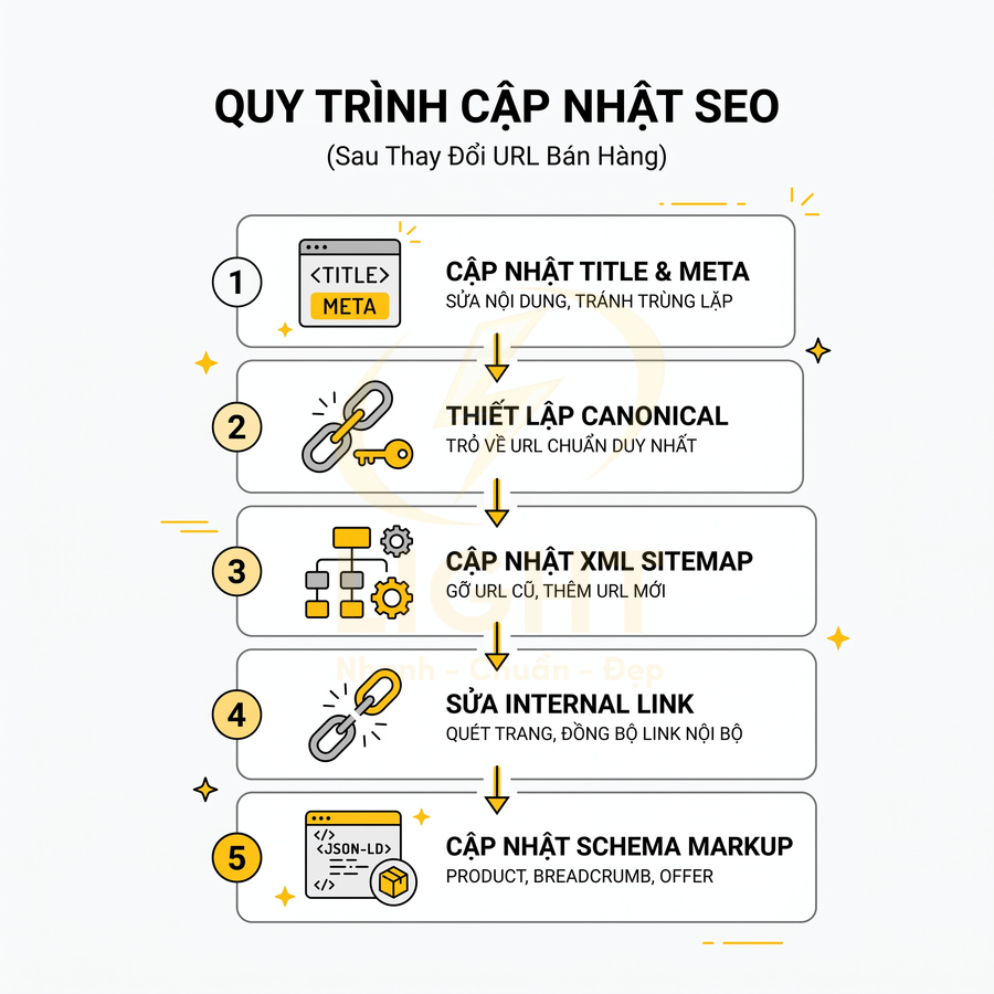 Quy trình 5 bước cập nhật SEO sau khi thay đổi URL bán hàng với title meta canonical sitemap internal link schema