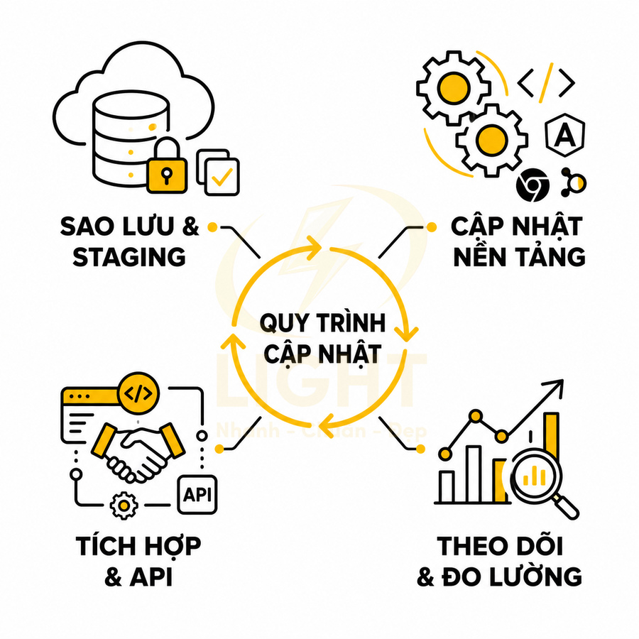 Quy trình cập nhật phần mềm gồm sao lưu staging, cập nhật nền tảng, tích hợp API và theo dõi đo lường