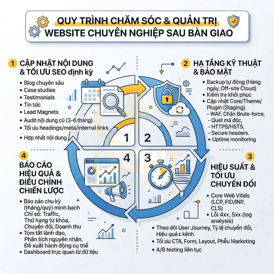 Quy trình chăm sóc và quản trị website chuyên nghiệp sau bàn giao với 4 bước tối ưu SEO, bảo mật, hiệu suất và báo cáo