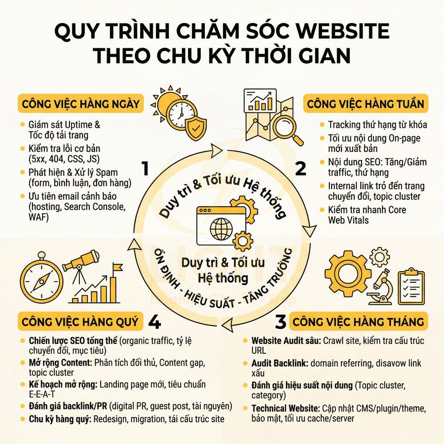 Quy trình chăm sóc website theo chu kỳ thời gian với các công việc hàng ngày, hàng tuần, hàng tháng, hàng quý